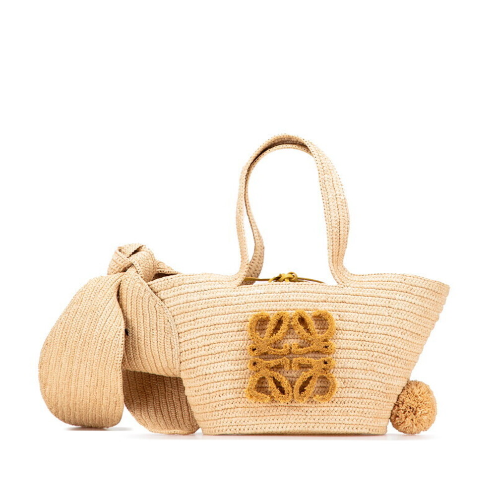 Loewe Bunny Basket Handbag Beige Yellow Raffia Leather